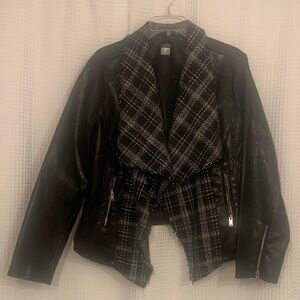 Black Leather Jacket with Plaid Accents